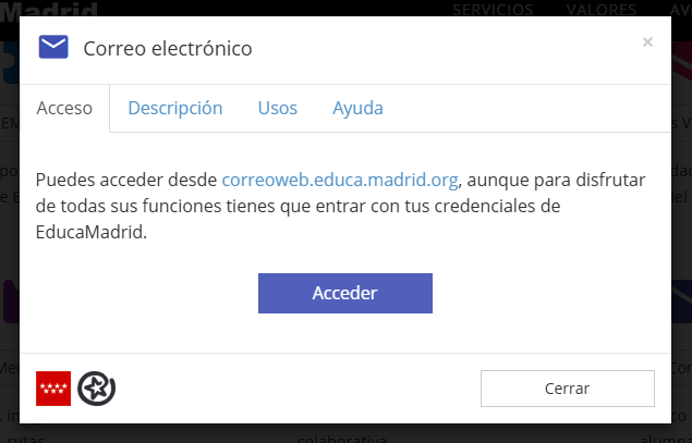 Ventana para acceder al correo electrónico de EducaMadrid.