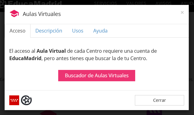 Ventana para acceder al buscador de Aulas Virtuales.