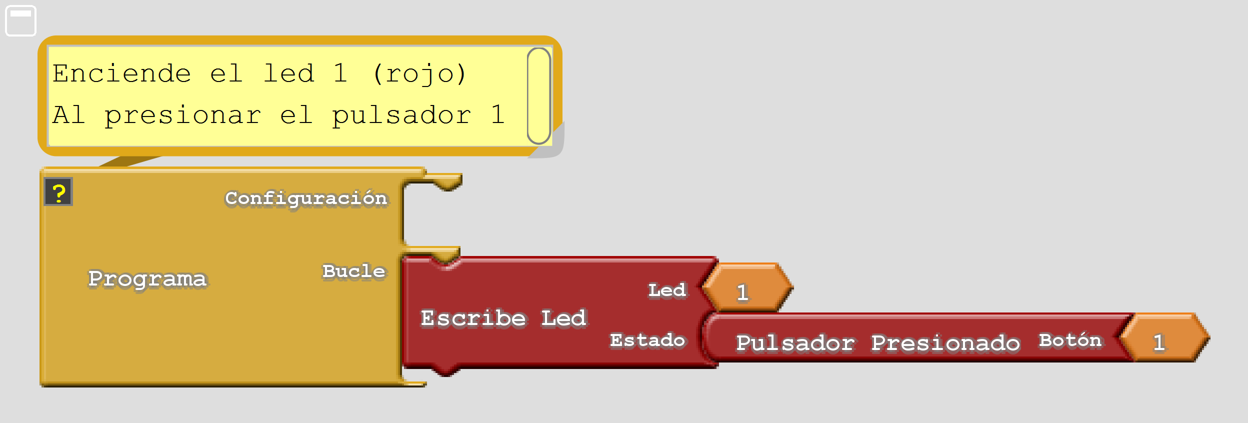 Programa de Ardublock para encender el led D1 con el pulsador 1 del panel de control PC42