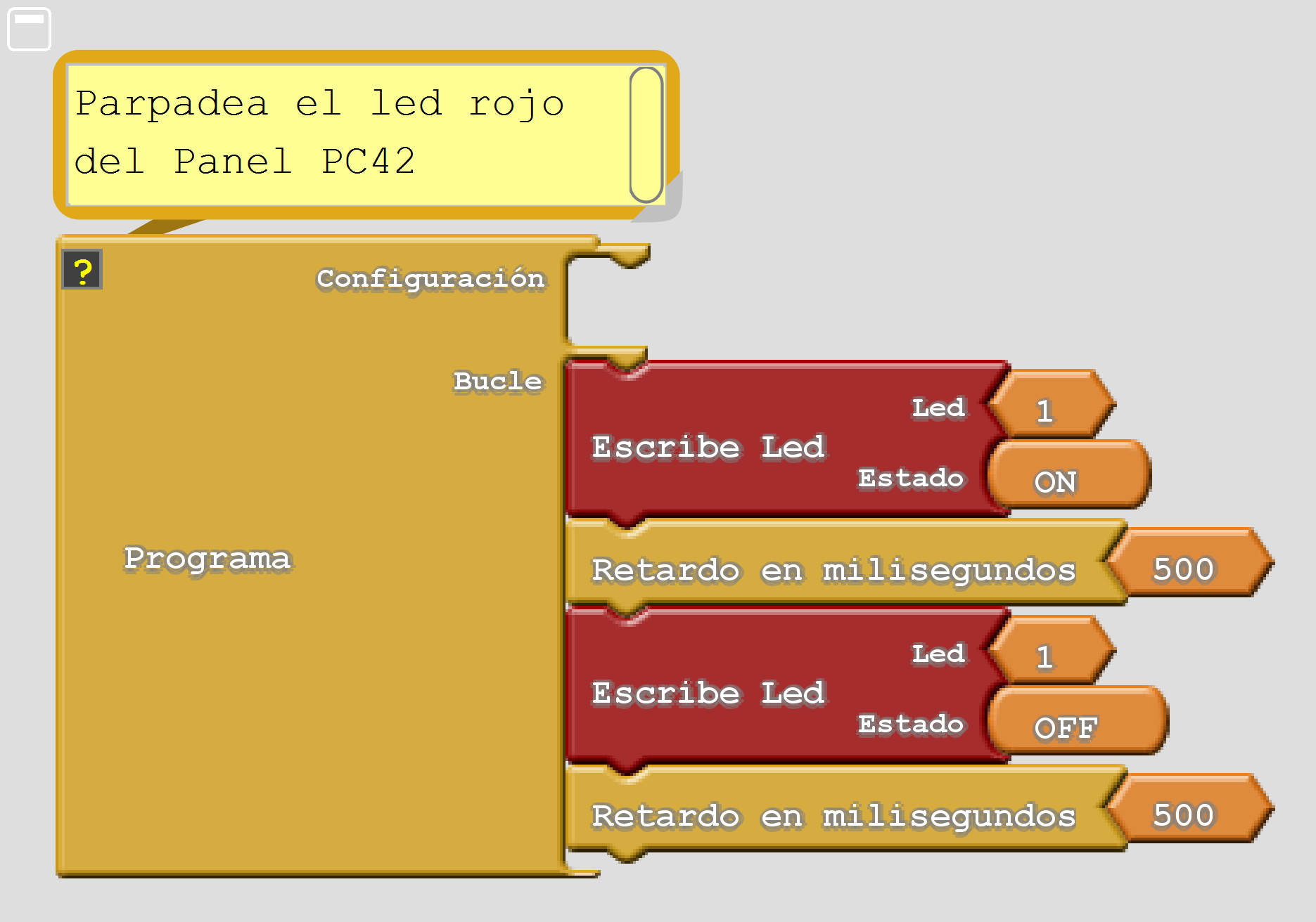 Programa de Ardublock para encender y apagar el led D1 del panel de control PC42