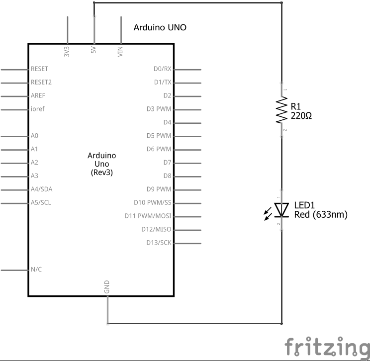 Esquema eléctrico de placa Arduino con un led conectado a la alimentación