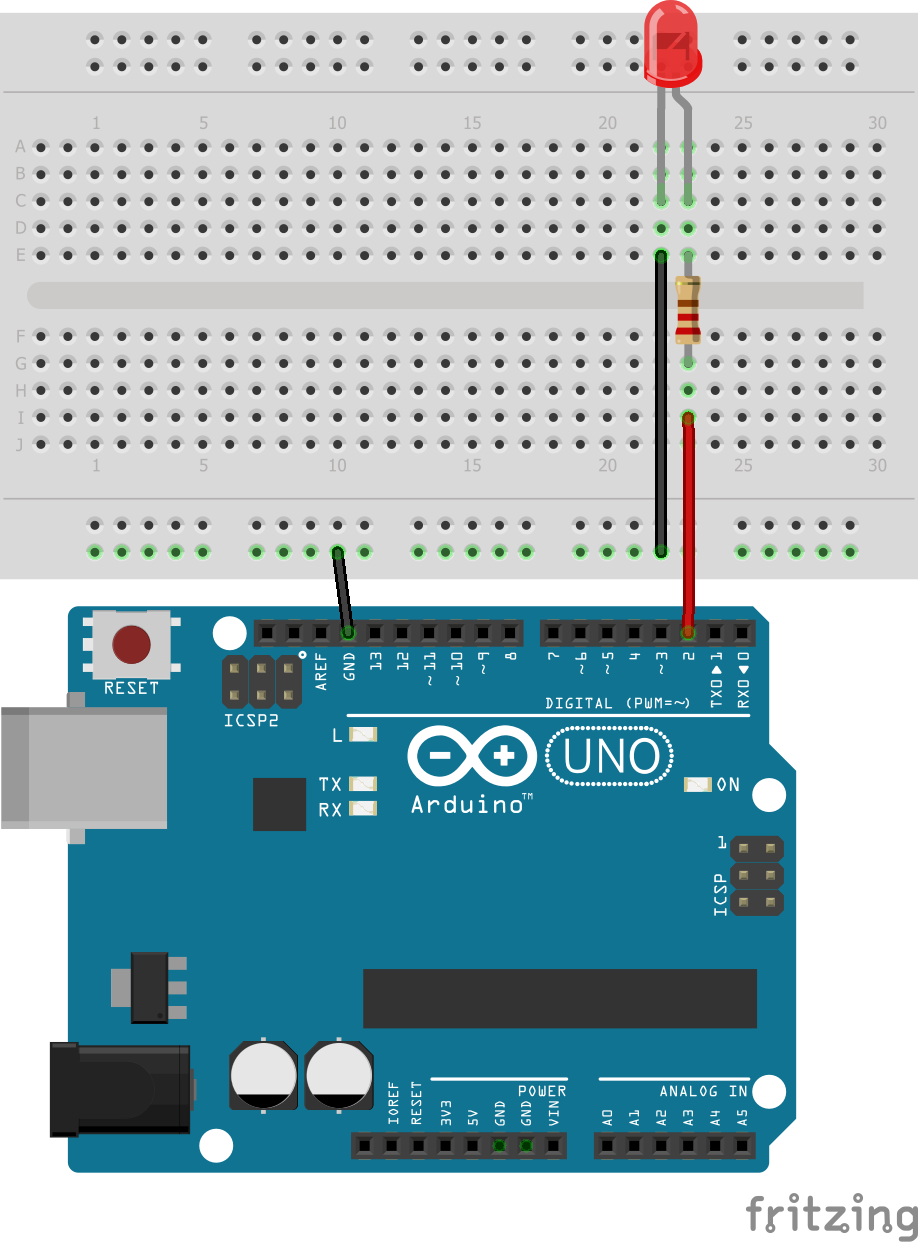 Montaje en protoboard de placa Arduino con un led conectado a un pin de salida