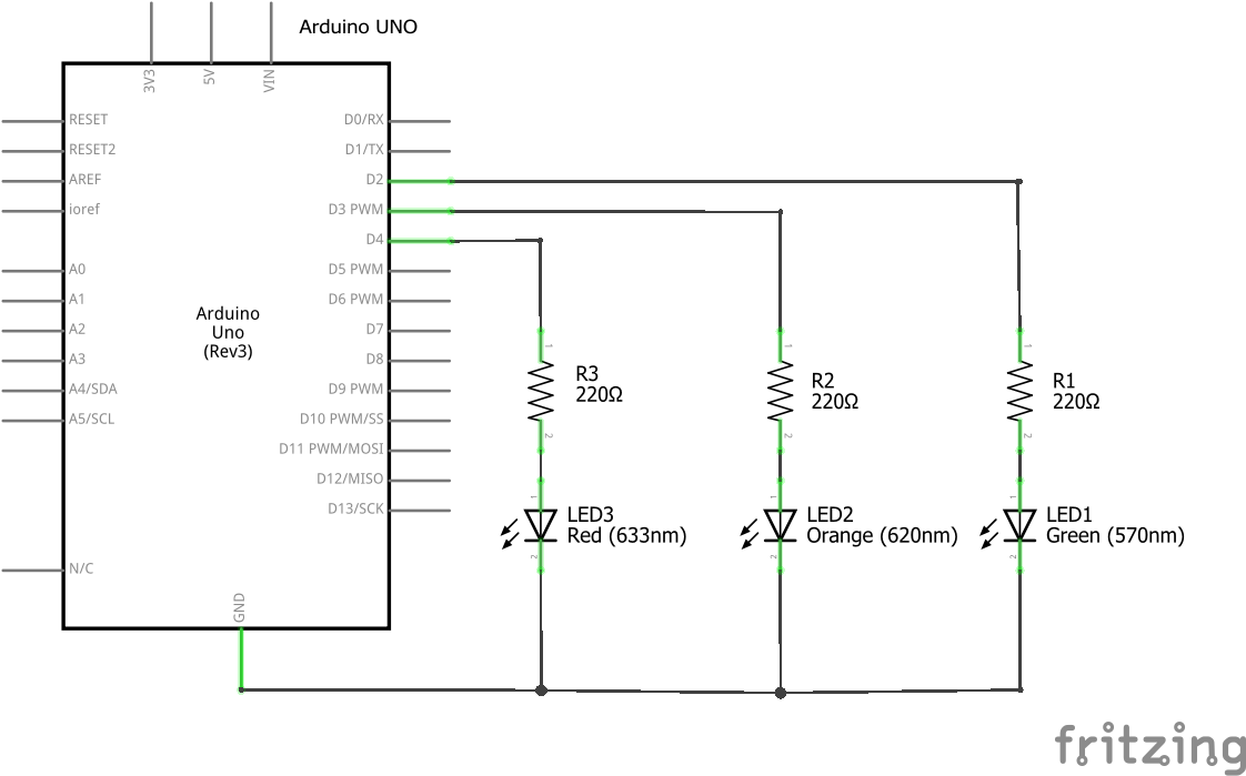 Esquema eléctrico de placa Arduino con tres ledes conectados a tres pines de salida