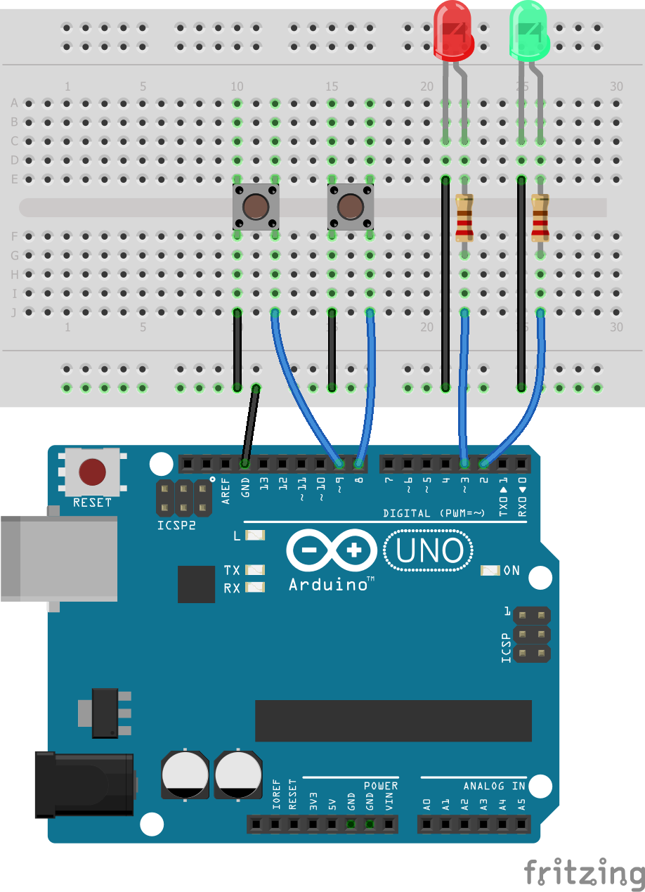 Montaje en protoboard de placa Arduino con dos pulsadores y dos ledes