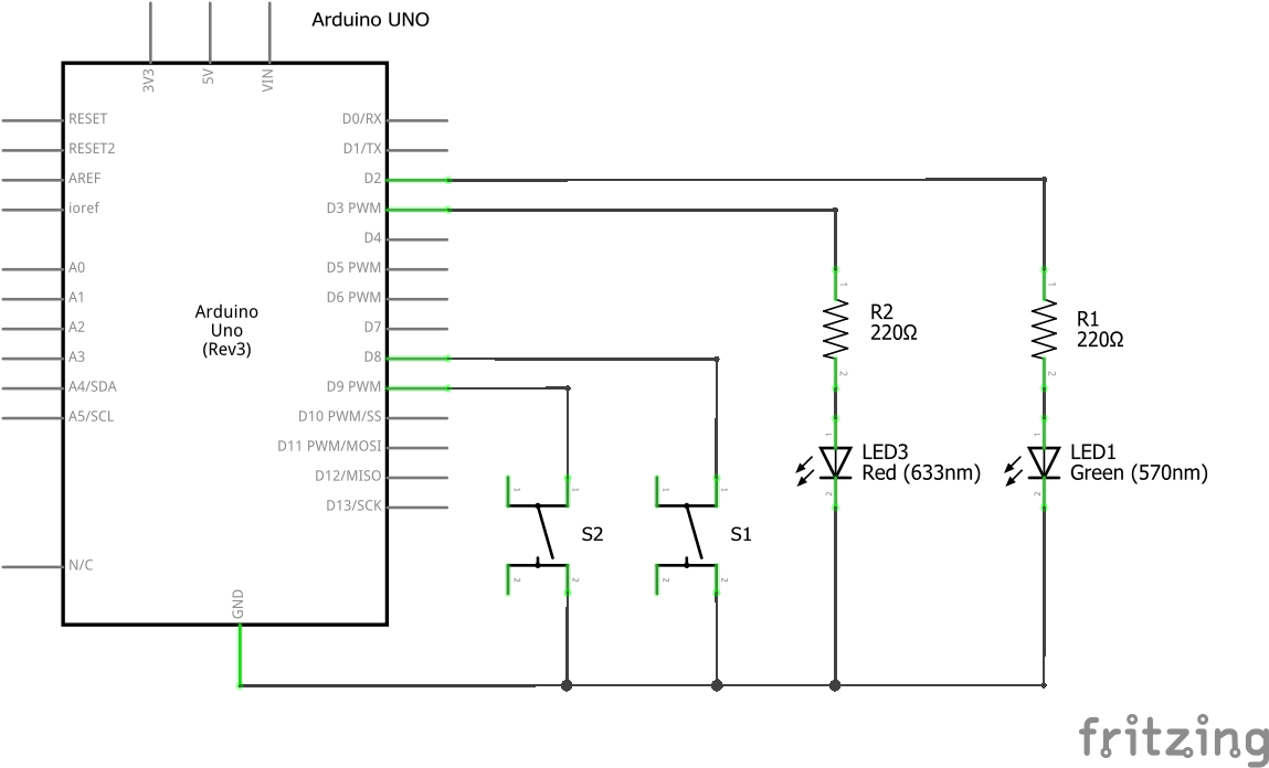 Esquema eléctrico de placa Arduino con dos pulsadores y dos ledes