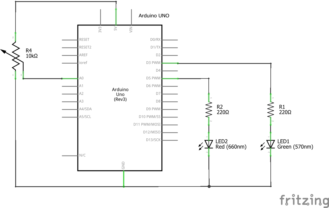 Esquema eléctrico de placa Arduino con un potenciómetro y dos ledes