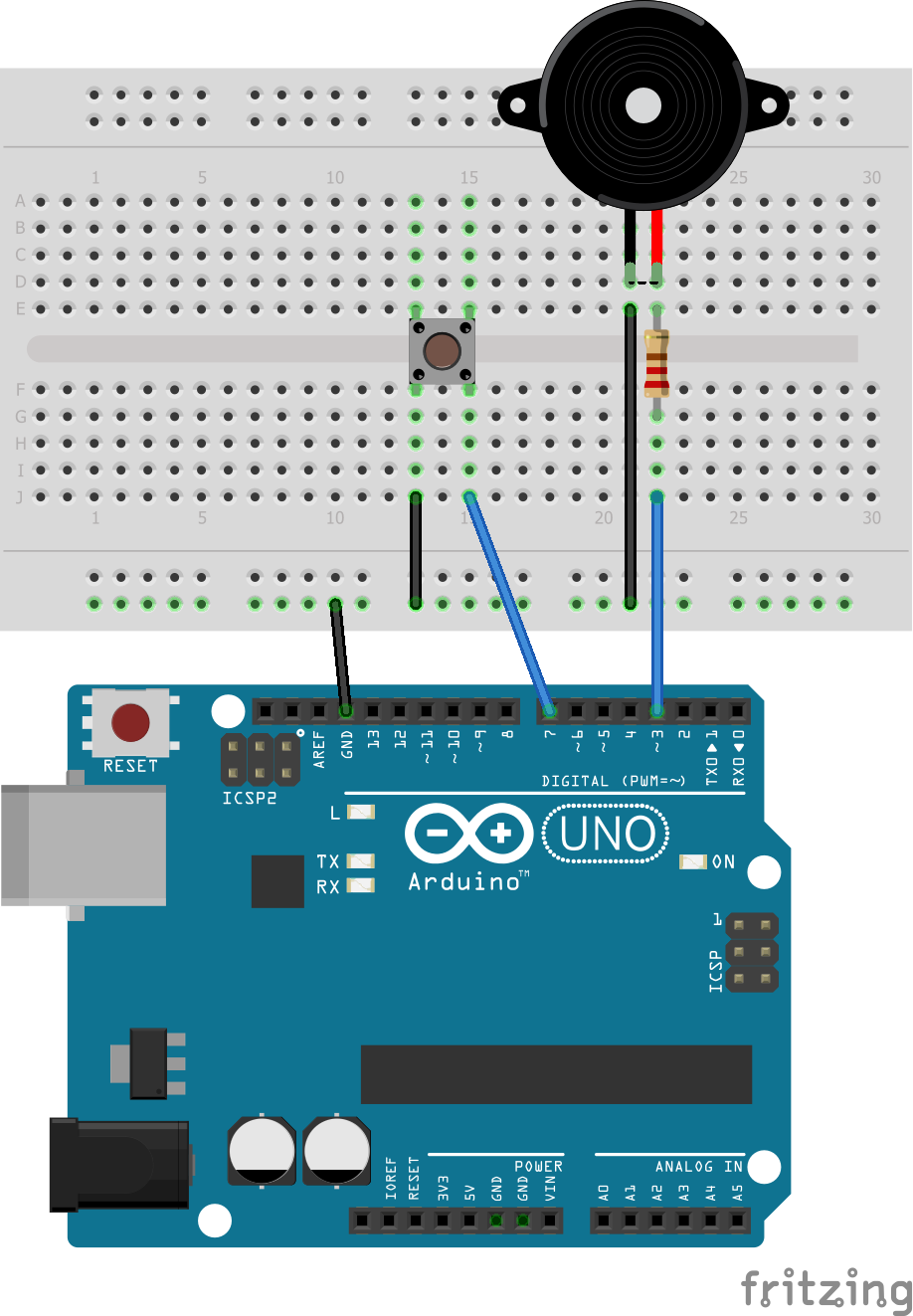 Montaje en protoboard de una placa Arduino con un pulsador y un zumbador