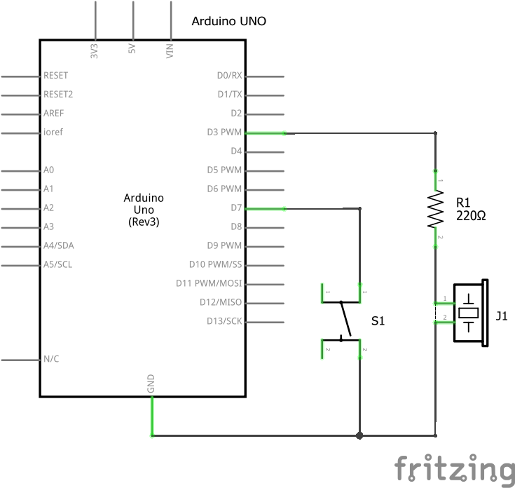 Esquema eléctrico de placa Arduino con un pulsador y un zumbador