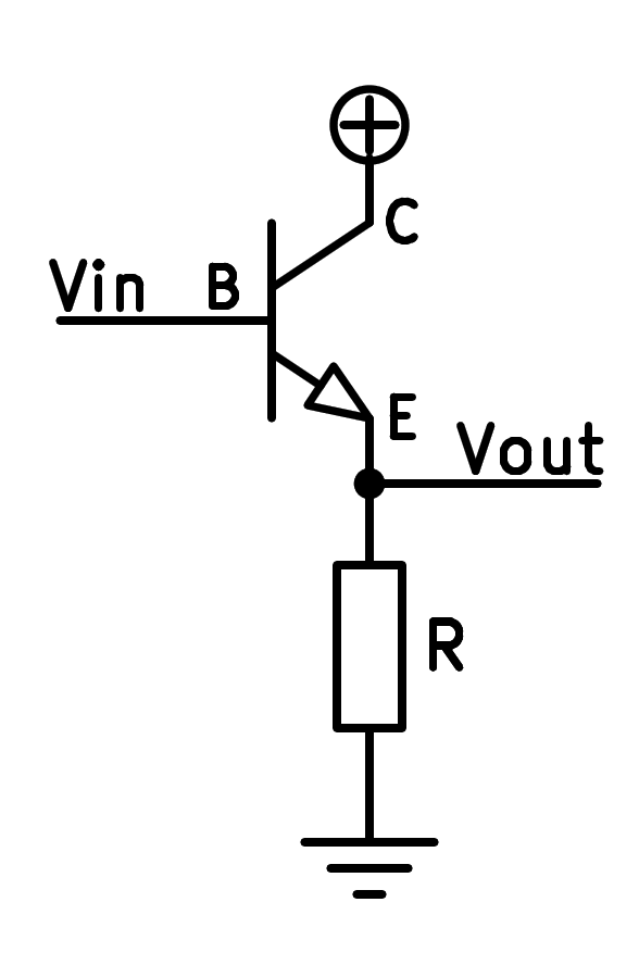 Esquema simplificado de un transistor NPN en colector común.