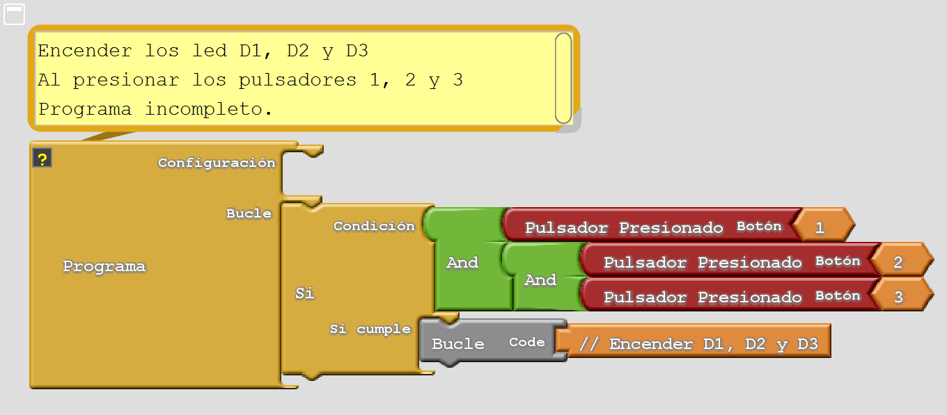 Programa de Ardublock para encender una secuencia de led con los pulsadores