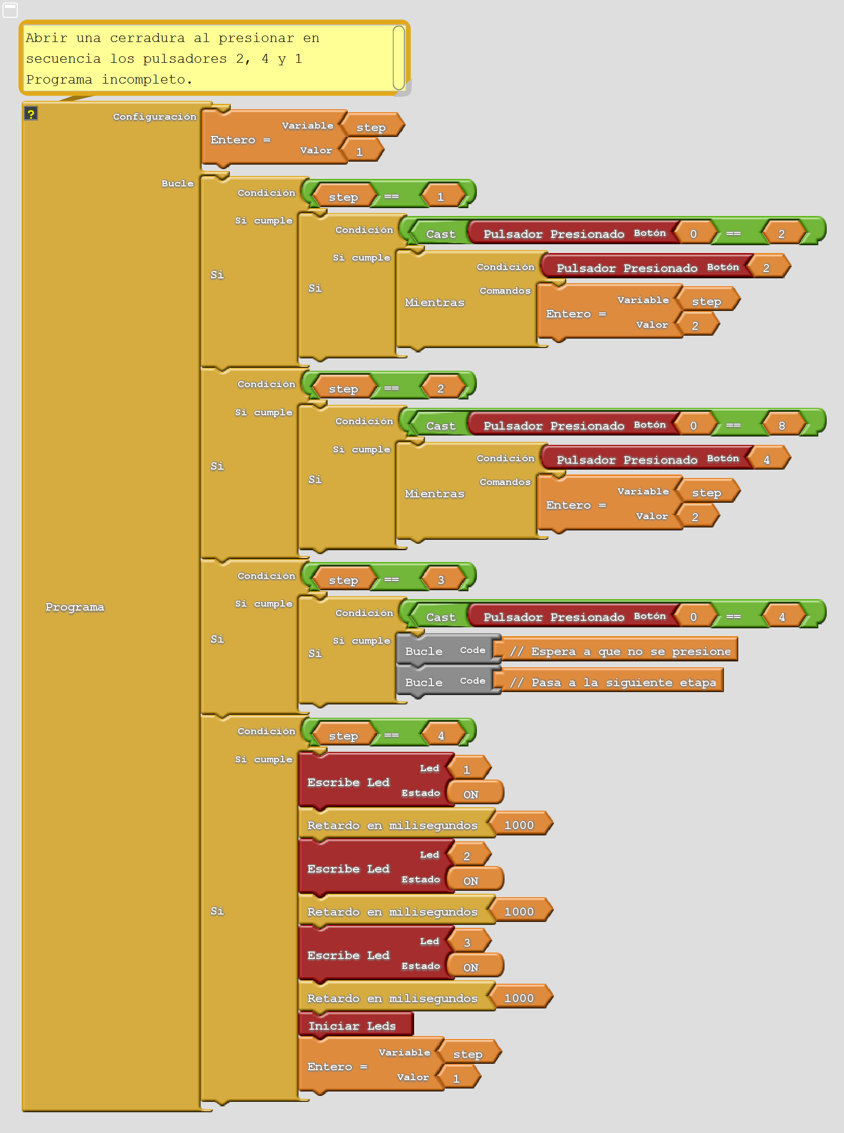 Programa de Ardublock para encender una secuencia de led con los pulsadores