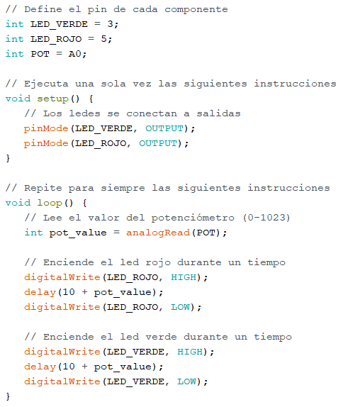 Código del programa para Arduino que hace que se enciendan alternativamente dos ledes con mayor o menor frecuencia dependiendo del giro de un potenciómetro