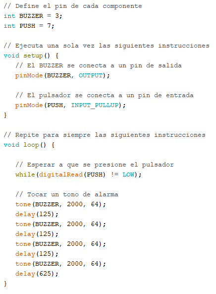 Código del programa para Arduino que hace sonar una alarma de despertador