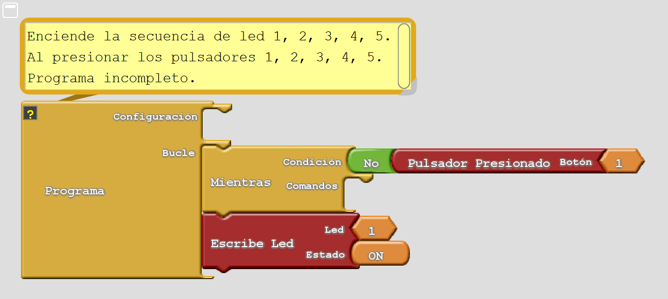 Programa de Ardublock para encender una secuencia de led con los pulsadores