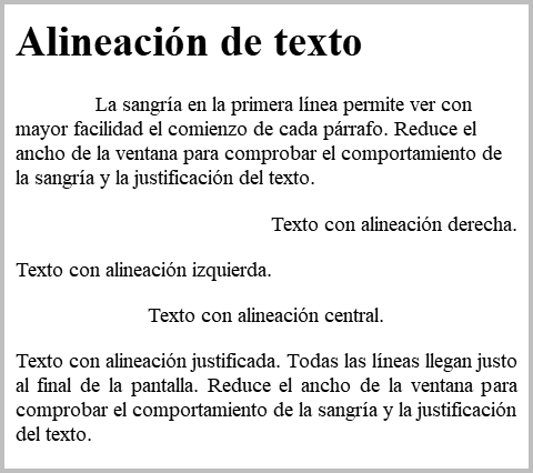 Resultado de visualizar los ficheros css-text-align.html y css-text-align.css en un navegador