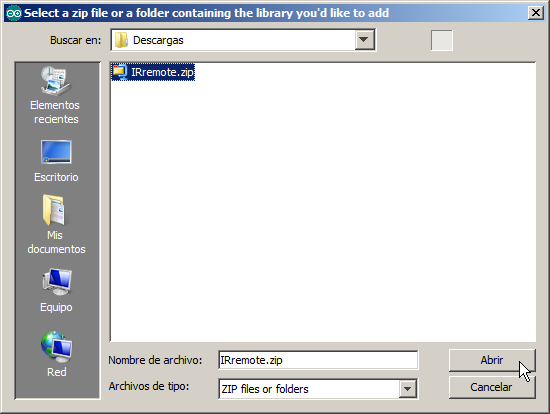 Seleccionar el archivo \*.zip de la librería
