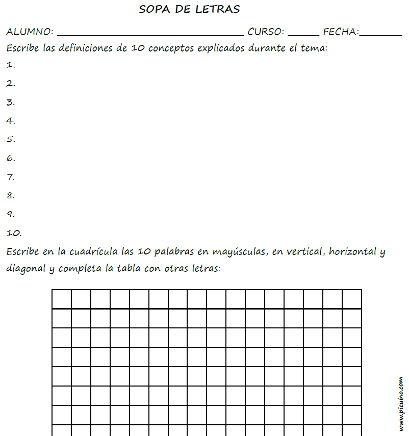 Hoja para que los alumnos puedan crear una sopas de letras.